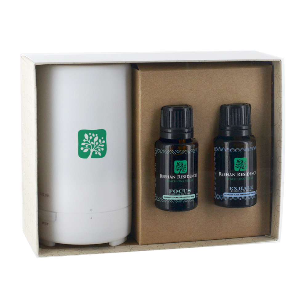 Electronic Diffuser with Two Essential Oil 15 Ml. Dropper Bottles in Gift Box Custom Printed Electronic Diffuser with Two Essential Oil 15 Ml. Dropper Bottles in Gift Box Custom Printed