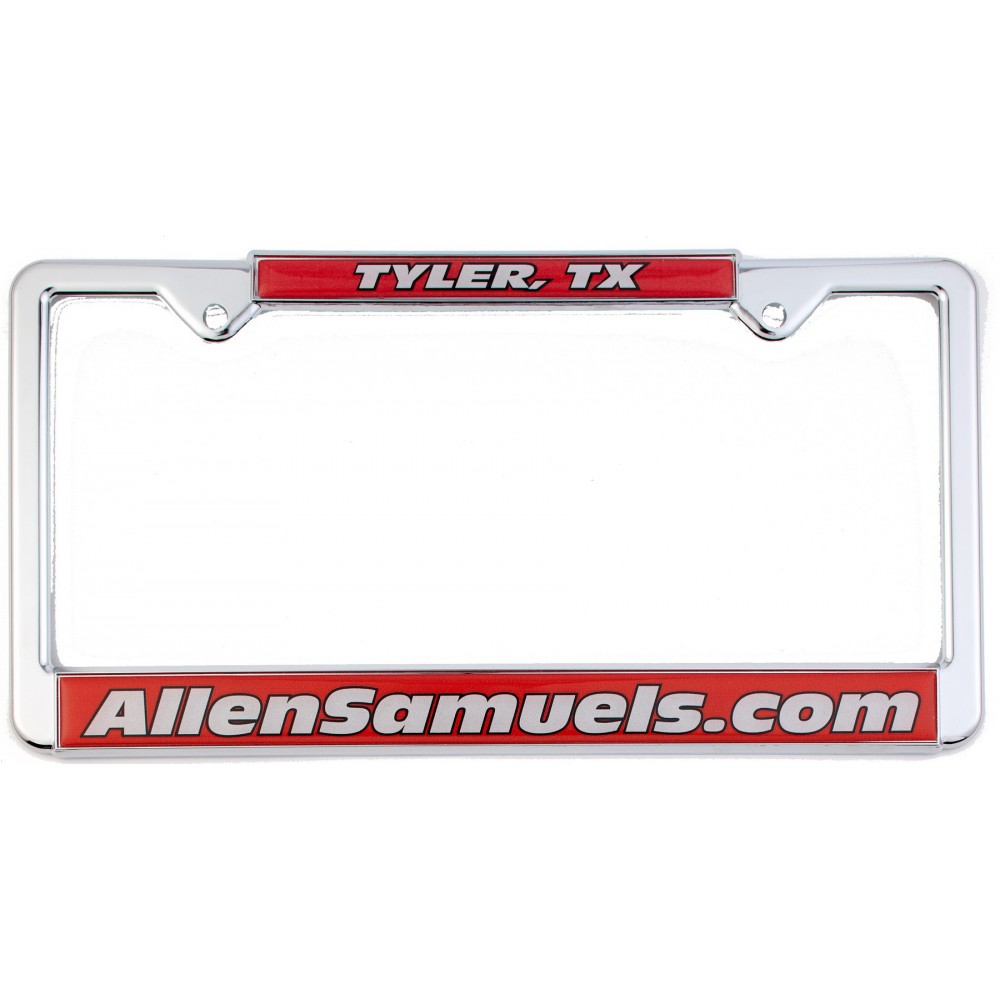 Logo Branded Chrome Plated Metal Signature Dome License Plate Frame w/Metal White Vinyl Material