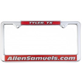 Logo Branded Chrome Plated Metal Signature Dome License Plate Frame w/Metal White Vinyl Material