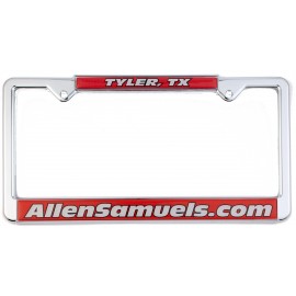Logo Branded Chrome Plated Metal Signature Dome License Plate Frame w/Metal White Vinyl Material  Logo Branded Chrome Plated Metal Signature Dome License Plate Frame w/Metal White Vinyl Material