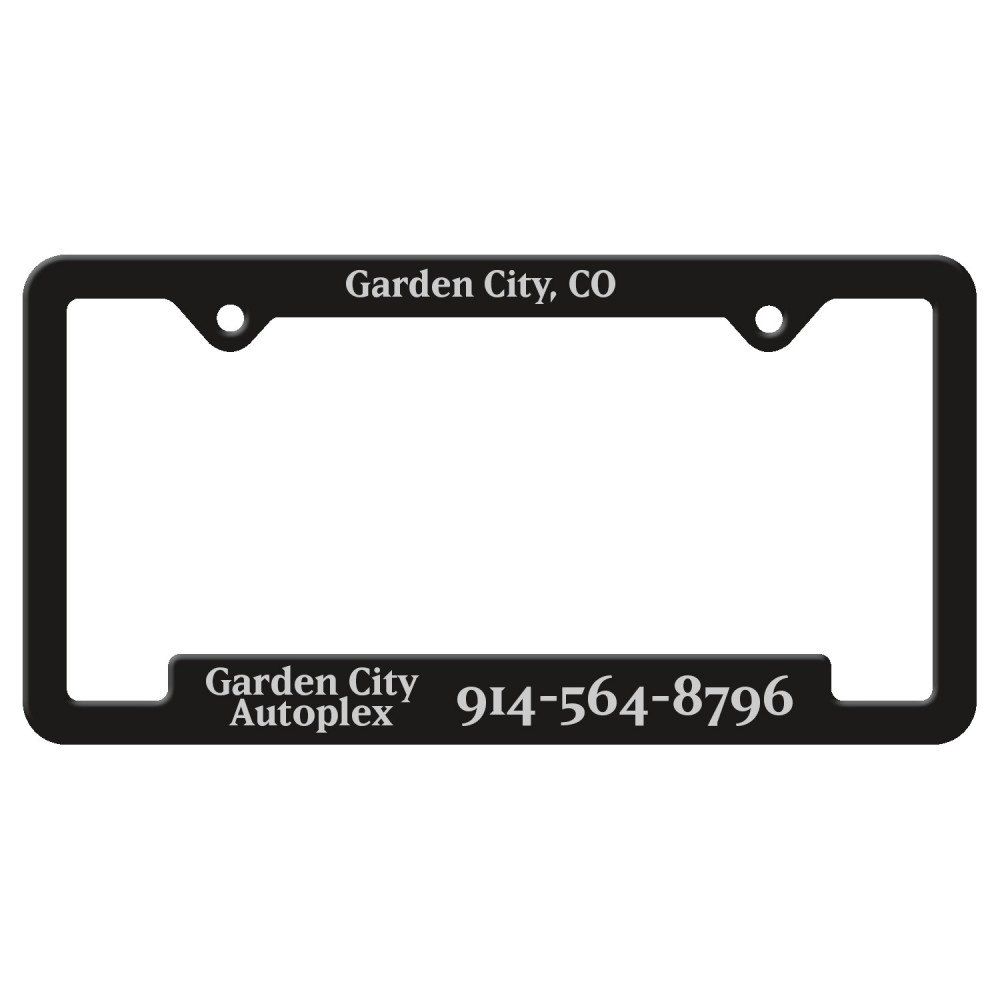 Black Auto License Frame w/ 2 Holes & Large Bottom Jutted Panel Logo Imprinted Black Auto License Frame w/ 2 Holes & Large Bottom Jutted Panel Logo Imprinted