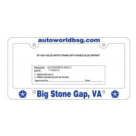 Customized White Standard License Plate Frame With Raised Imprint