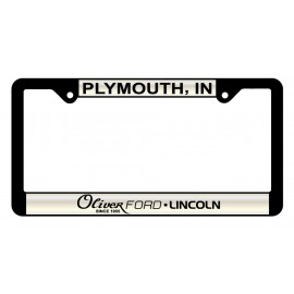 Black Plastic Signature Laminate Standard License Plate Frame w/White Reflective Material with Logo