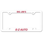 White Auto License Frame w/ 4 Holes & Large Bottom Jutted Panel Logo Imprinted