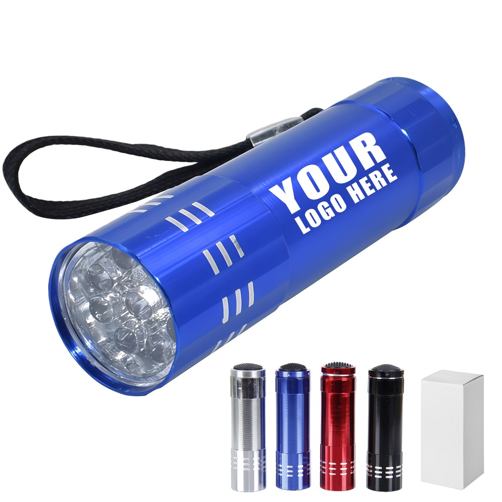 9 LED Aluminum Mini Flashlight With Wrist Strap with Logo