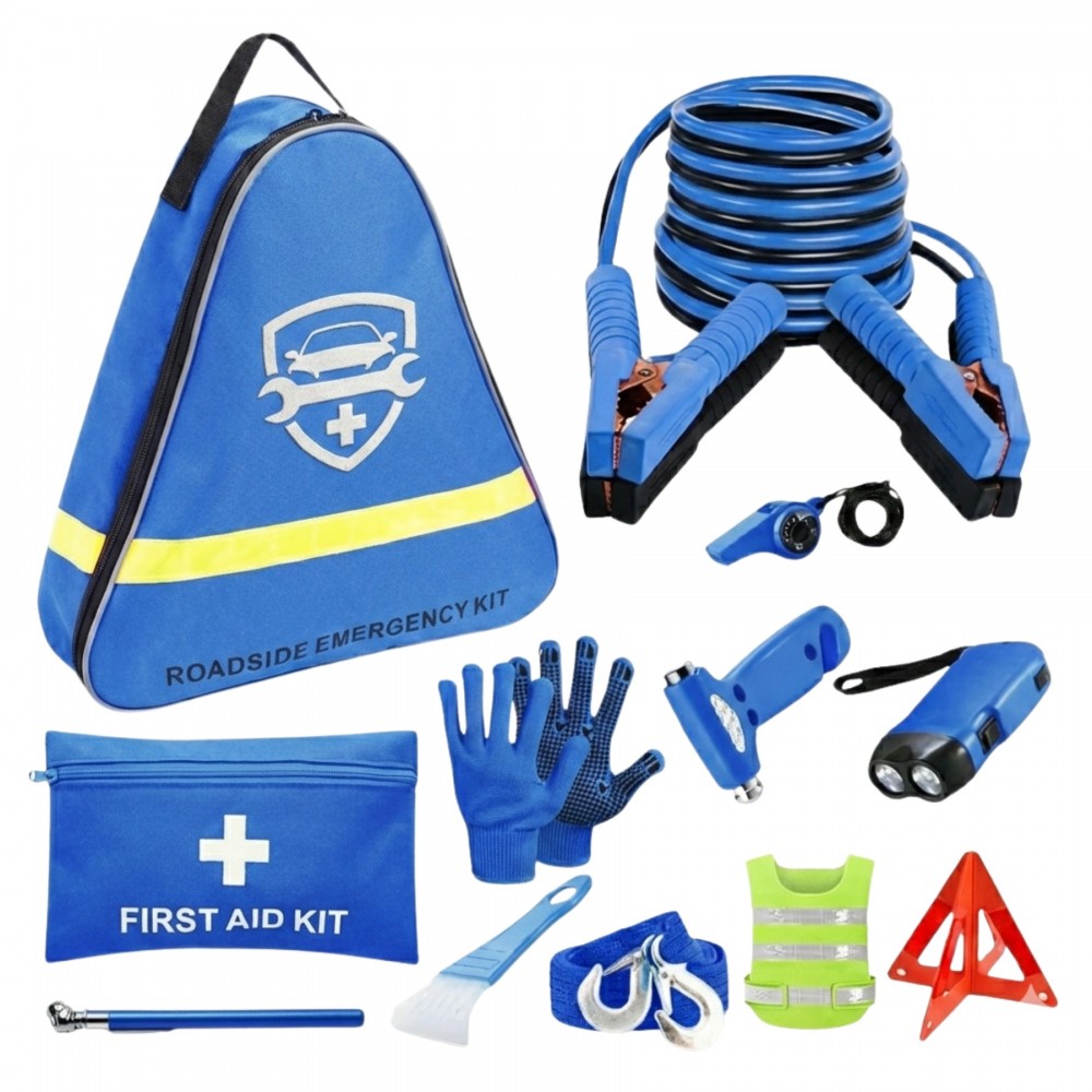 Personalized Deluxe Auto Emergency Roadside Kit w/ Jumper Cables, Tow Rope & First Aid in Reflective Triangle Bag