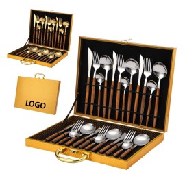 Custom 24Pcs Cutlery Set With Wooden Handle