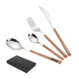4 Piece Wooden Handle Cutlery Set with Logo