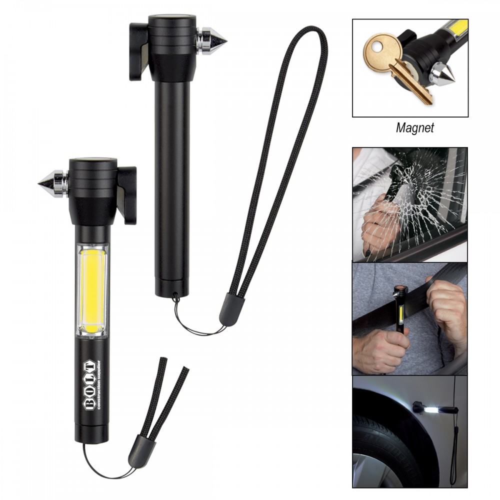 Customized Car Emergency Tool 4 In 1 Bright COB Aluminum Flashlight, Window Breaker, Seat Belt Cutter And Magne