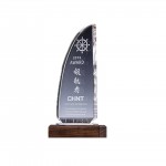Personalized Sail Shape Clear Crystal Trophy With Wooden Base