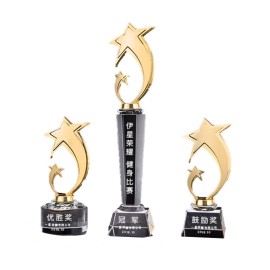 Double Star Shape Award Gold-Plated Crystal Trophy with Logo  Double Star Shape Award Gold-Plated Crystal Trophy with Logo
