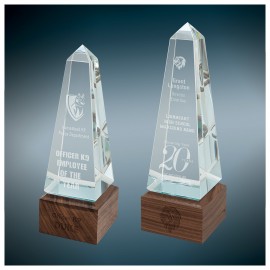 Sierra Glass Obelisk on Walnut Base Awards with Logo  Sierra Glass Obelisk on Walnut Base Awards with Logo
