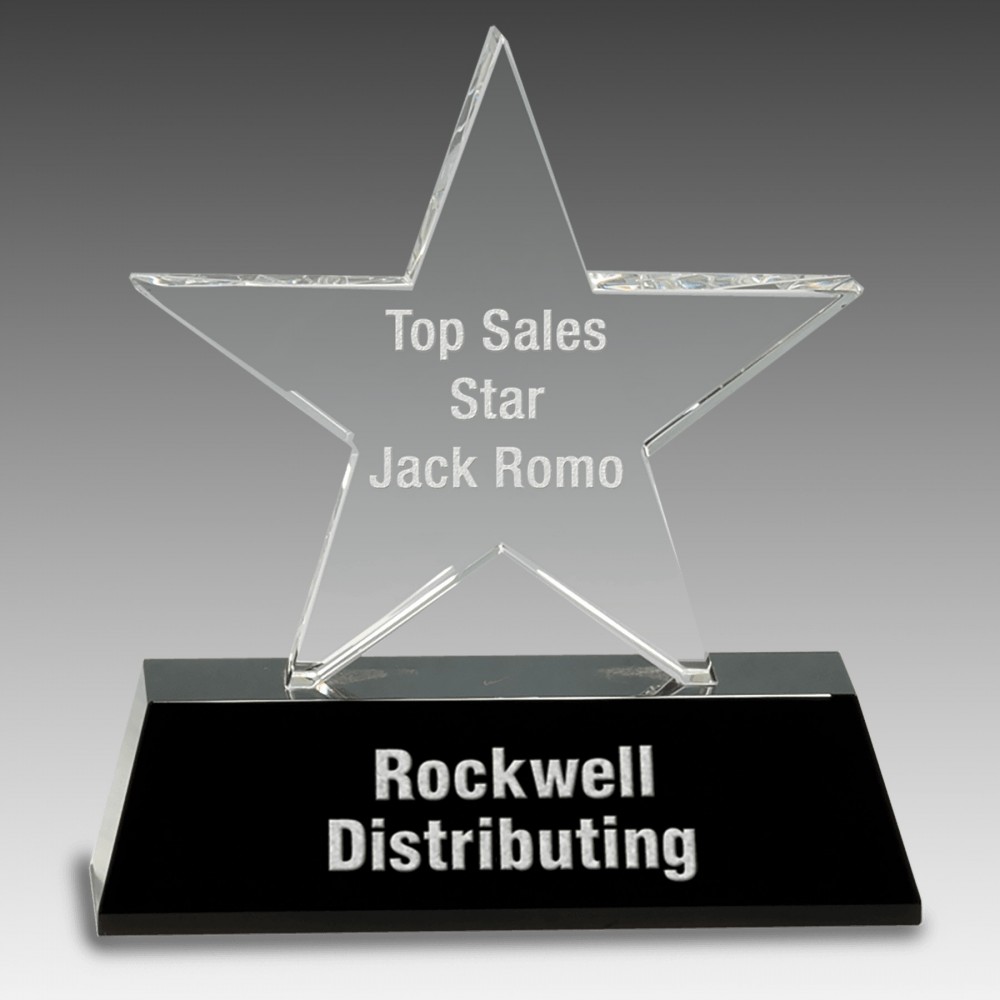 Promotional 6.75" Clear Crystal Star on Black Pedestal Base