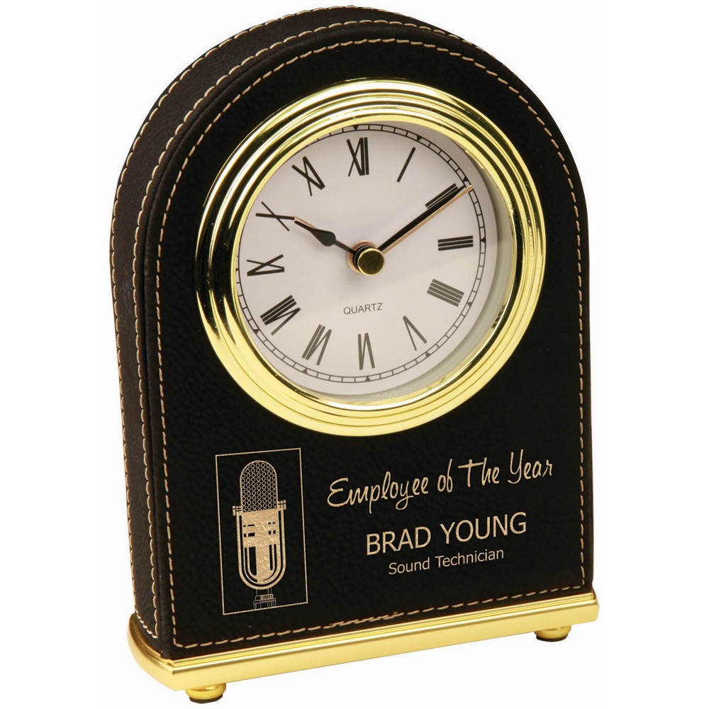 Logo Imprinted 5 1/2" Black/Gold Laser engraved Leatherette Arch Desk Clock Logo Imprinted 5 1/2" Black/Gold Laser engraved Leatherette Arch Desk Clock
