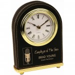 Logo Imprinted 5 1/2" Black/Gold Laser engraved Leatherette Arch Desk Clock