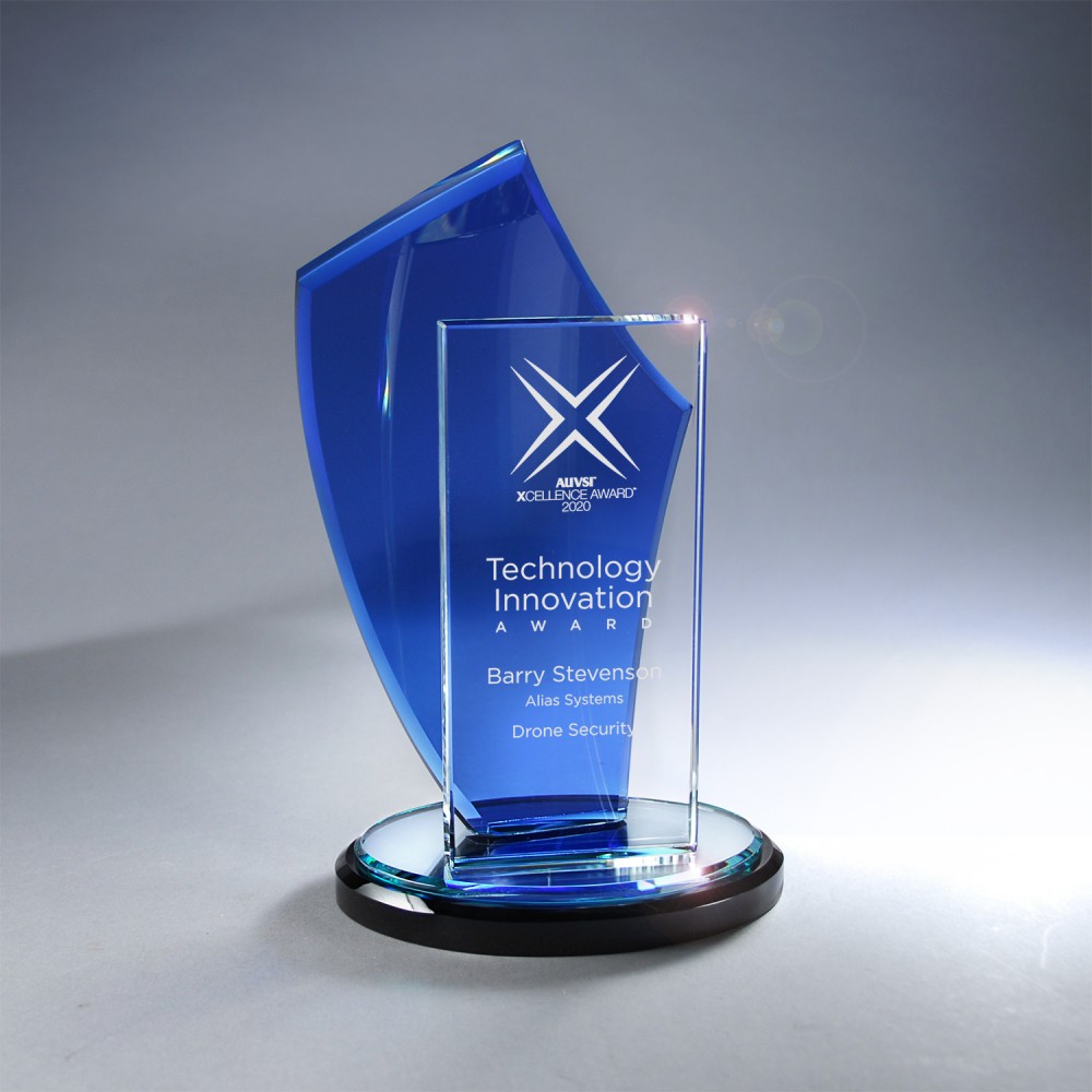 Blue Sail with Clear Panel on Mirror and Black Base Logo Imprinted Blue Sail with Clear Panel on Mirror and Black Base Logo Imprinted