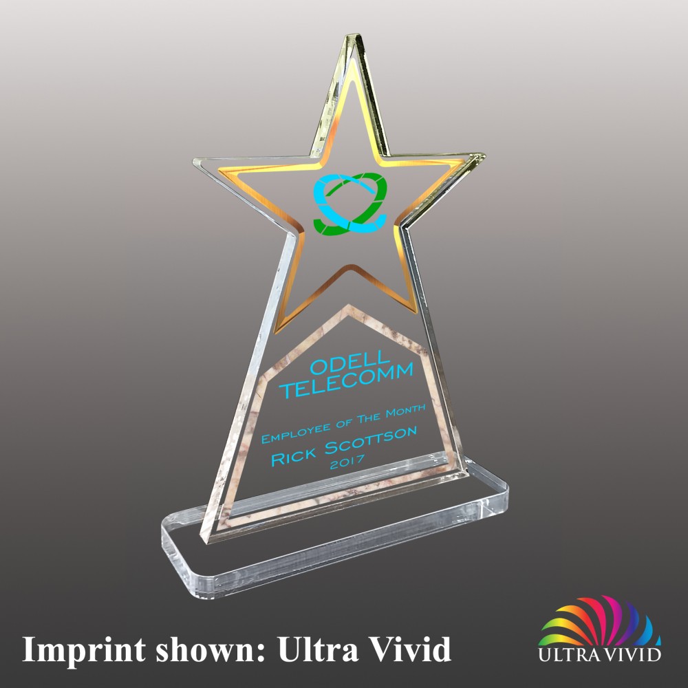 Medium Star Topped Triangle Shaped Ultra Vivid Acrylic Award with Logo