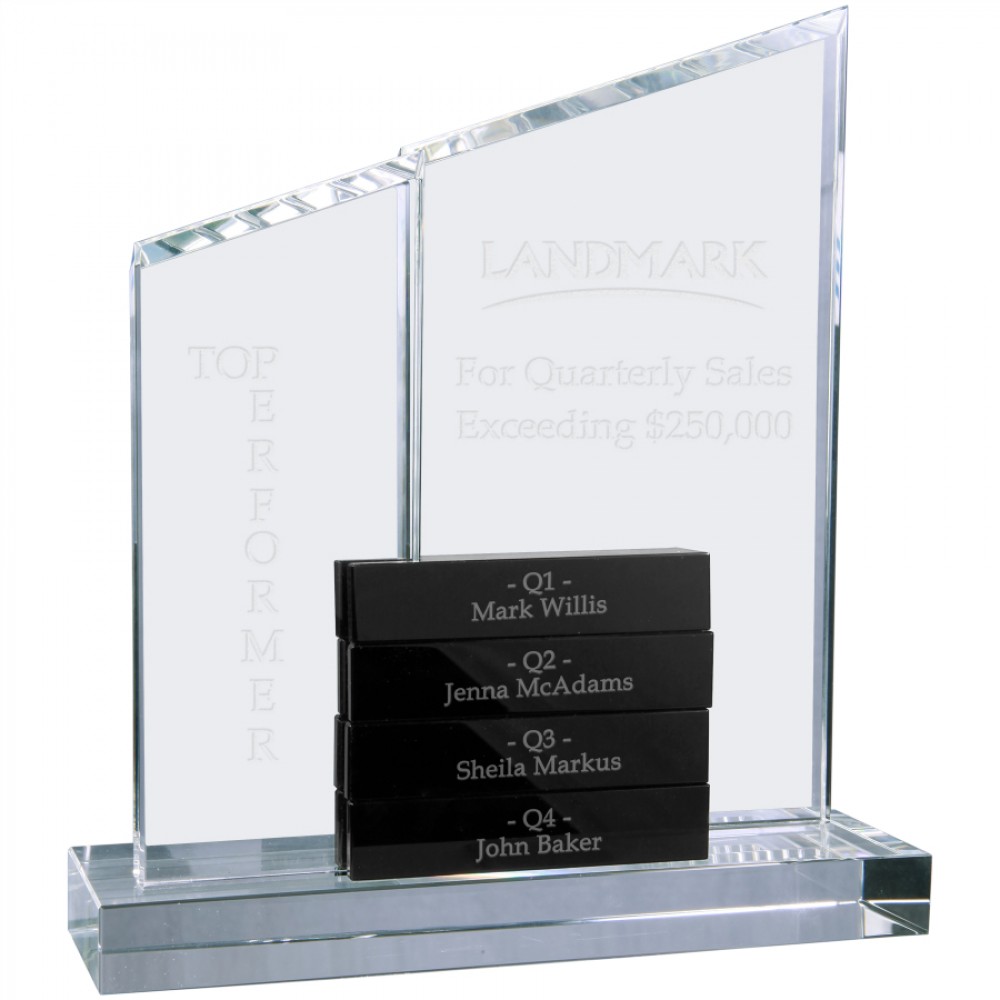 Logo Imprinted 8" x 9" Crystal Perpetual Standup Plaque with 4 Black Crystal Blocks Logo Imprinted 8" x 9" Crystal Perpetual Standup Plaque with 4 Black Crystal Blocks
