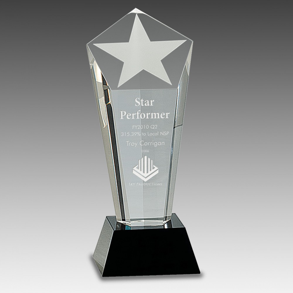 Custom 8.75" Crystal Frosted Star Column on Black Pedestal Base Custom 8.75" Crystal Frosted Star Column on Black Pedestal Base