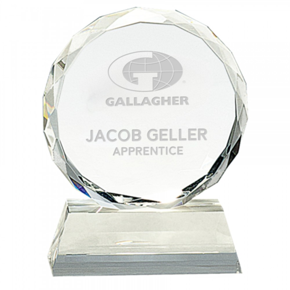 Customized Round Facet Crystal on Clear Pedestal Base Award