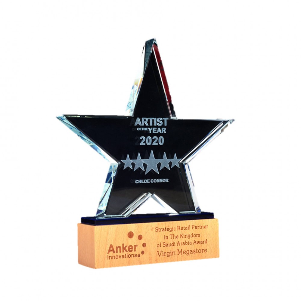 Custom Star Shape Crystal Trophy With Wooden Base