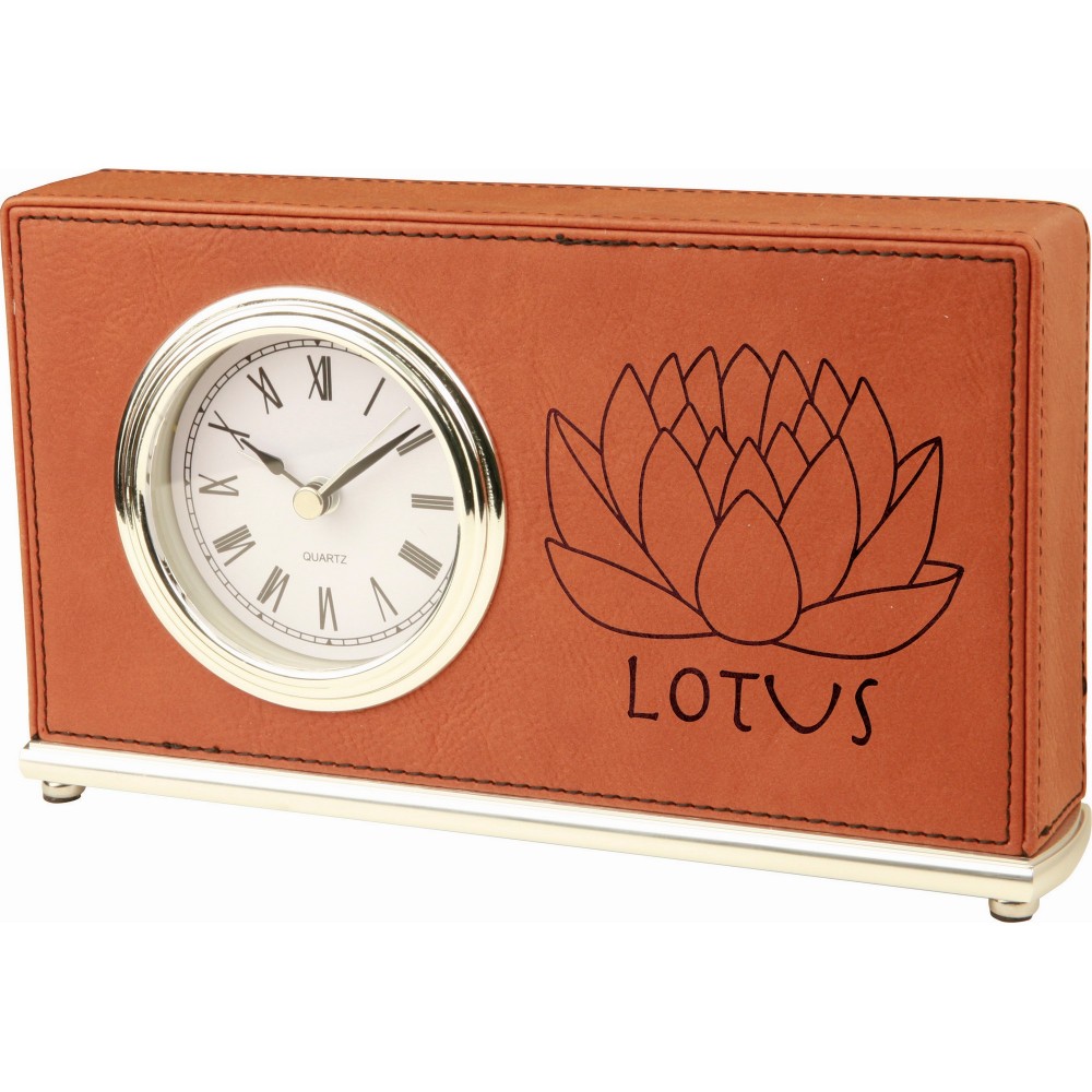 Logo Imprinted 7 1/2" x 4 1/2" Rawhide Laser engraved Leatherette Horizontal Desk Clock Logo Imprinted 7 1/2" x 4 1/2" Rawhide Laser engraved Leatherette Horizontal Desk Clock