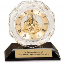 Clear Crystal Clock on Black Pedestal Base Award with Logo
