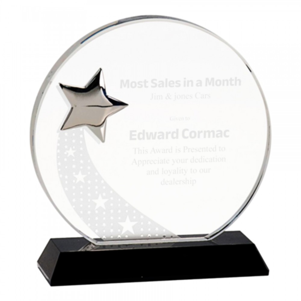 Personalized Silver Star Round Crystal on Black Pedestal Base Award