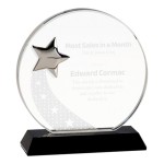 Personalized Silver Star Round Crystal on Black Pedestal Base Award