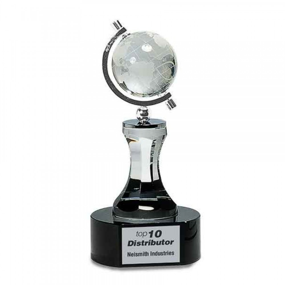 Custom 8.5" Crystal Spinning Globe Award on Clear Tower with Black Base Custom 8.5" Crystal Spinning Globe Award on Clear Tower with Black Base