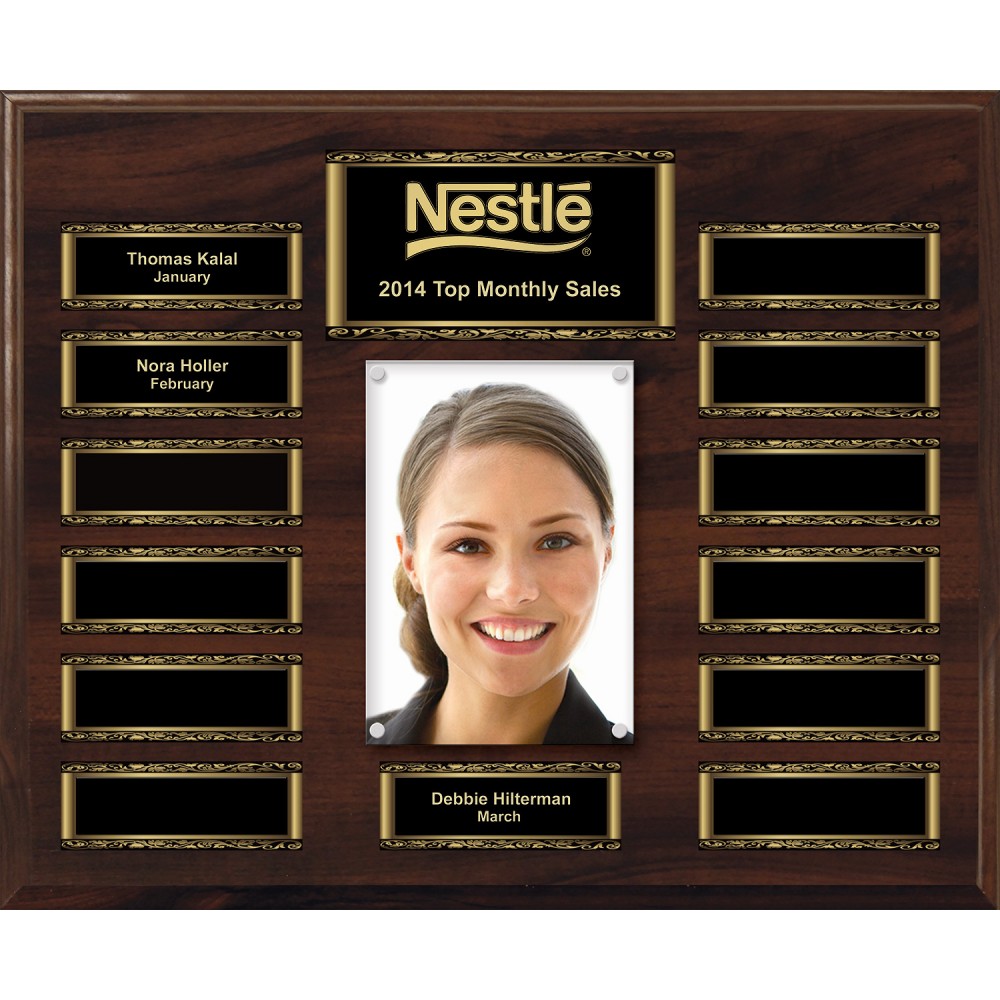 Walnut Finish 13-Plt Scroll Border Photo Plaque with Easy Perpetual Plate Release Program with Logo Walnut Finish 13-Plt Scroll Border Photo Plaque with Easy Perpetual Plate Release Program with Logo