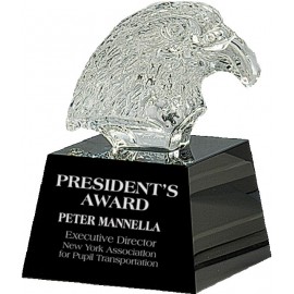 5 3/4" Clear Crystal Eagle Head on Black Pedestal Base with Logo  5 3/4" Clear Crystal Eagle Head on Black Pedestal Base with Logo