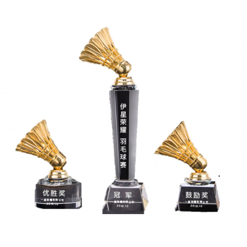 Custom Creative Badminton Gold-Plated Trophy With Crystal Base