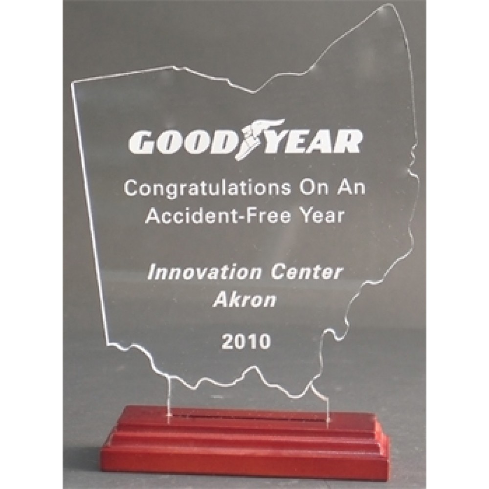 Custom Etched Great State of Ohio Award w/ Rosewood Base - Acrylic (7 7/16"x5 1/4") Custom Etched Great State of Ohio Award w/ Rosewood Base - Acrylic (7 7/16"x5 1/4")