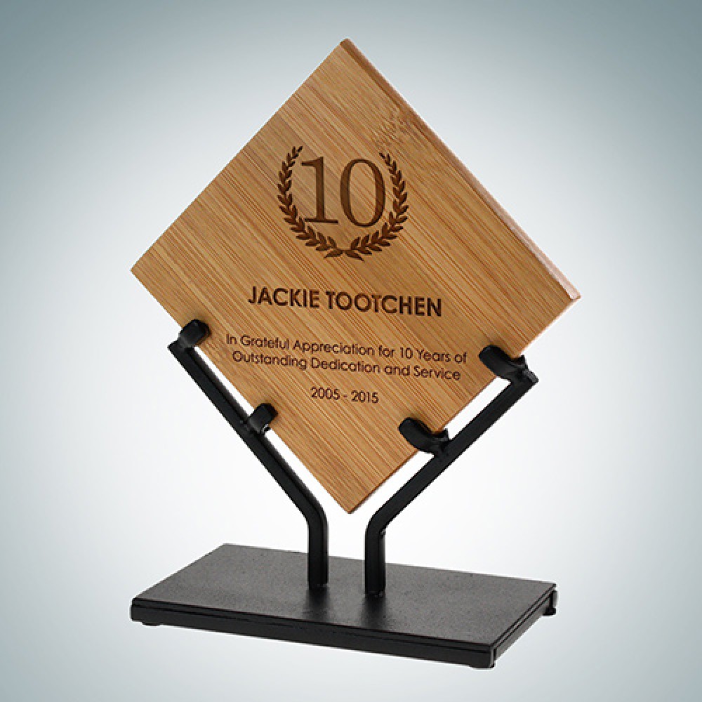 Genuine Bamboo Plaque w/Iron Stand (Small) Laser-etched Genuine Bamboo Plaque w/Iron Stand (Small) Laser-etched