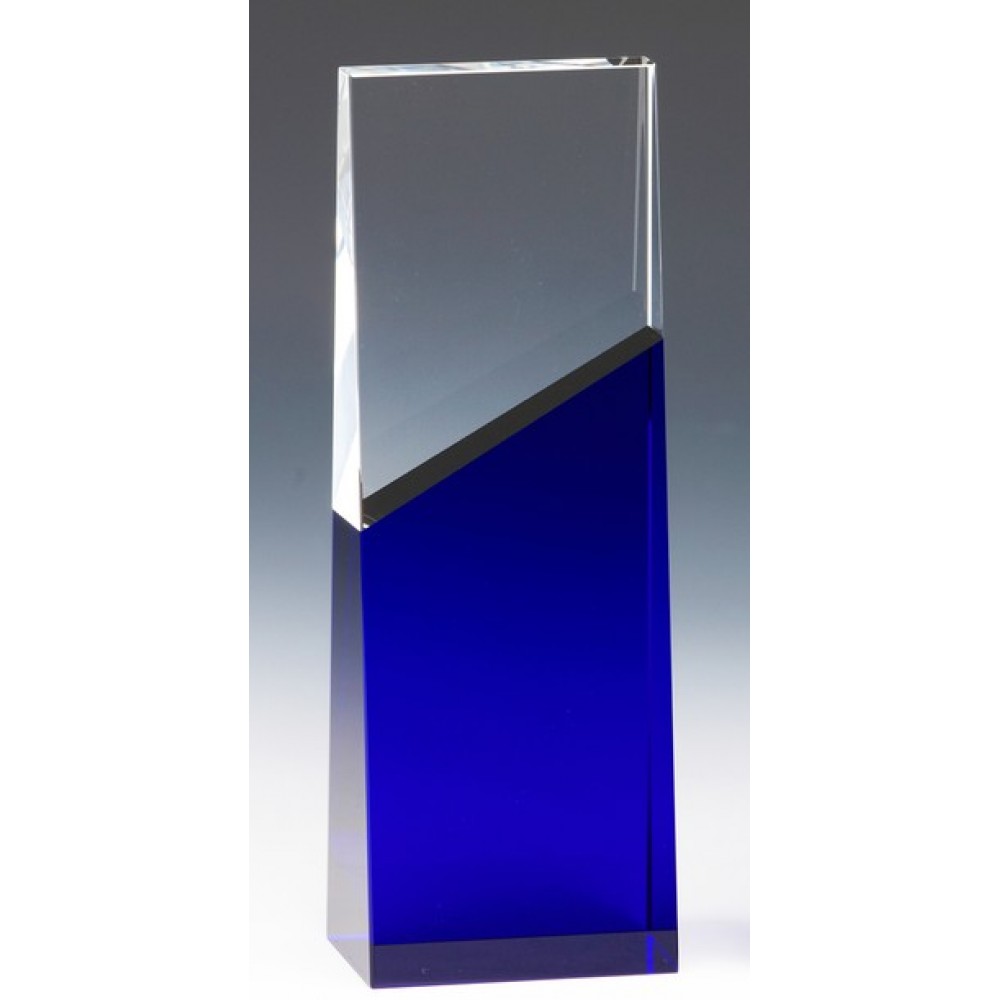 Blue Stripe Crystal Wedge Award 8"H with Logo