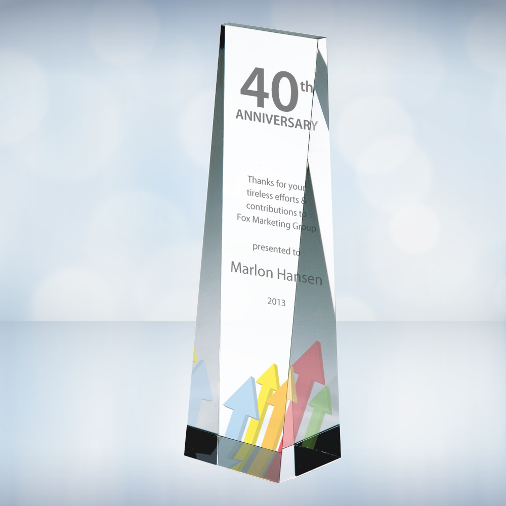 Color Imprinted Wedge Optical Crystal Tower Award (8") Custom Etched Color Imprinted Wedge Optical Crystal Tower Award (8") Custom Etched