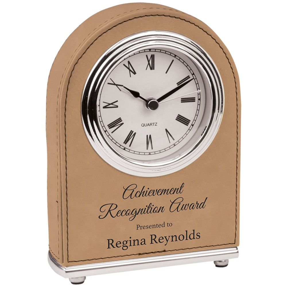 Custom Etched 5 1/2" Light Brown Laser engraved Leatherette Arch Desk Clock Custom Etched 5 1/2" Light Brown Laser engraved Leatherette Arch Desk Clock