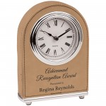 Custom Etched 5 1/2" Light Brown Laser engraved Leatherette Arch Desk Clock