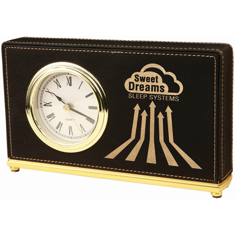 7 1/2" x 4 1/2" Black/Gold Laser engraved Leatherette Horizontal Desk Clock Laser-etched 7 1/2" x 4 1/2" Black/Gold Laser engraved Leatherette Horizontal Desk Clock Laser-etched