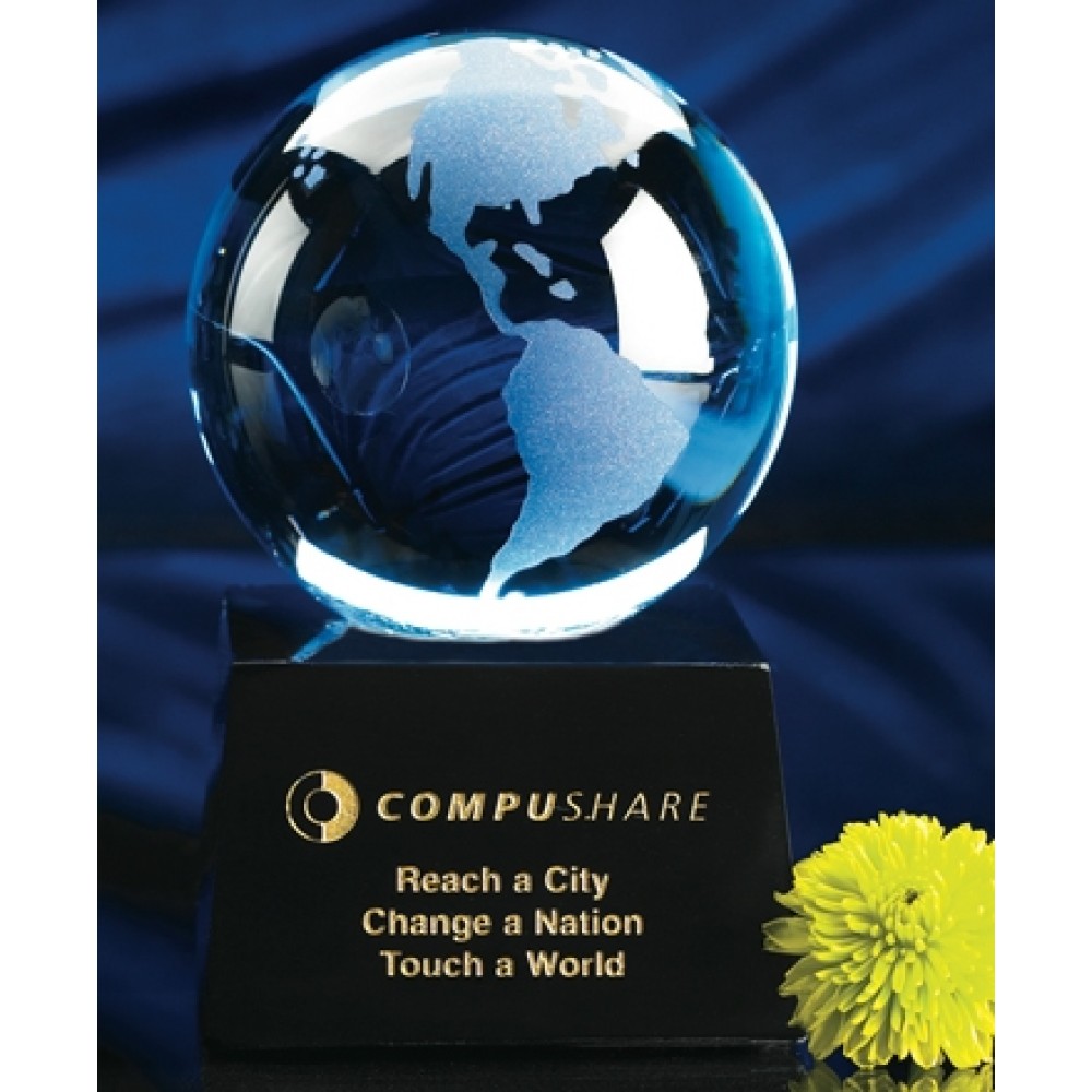 Custom 3" Blue Crystal Globe Award on Black Marble Base