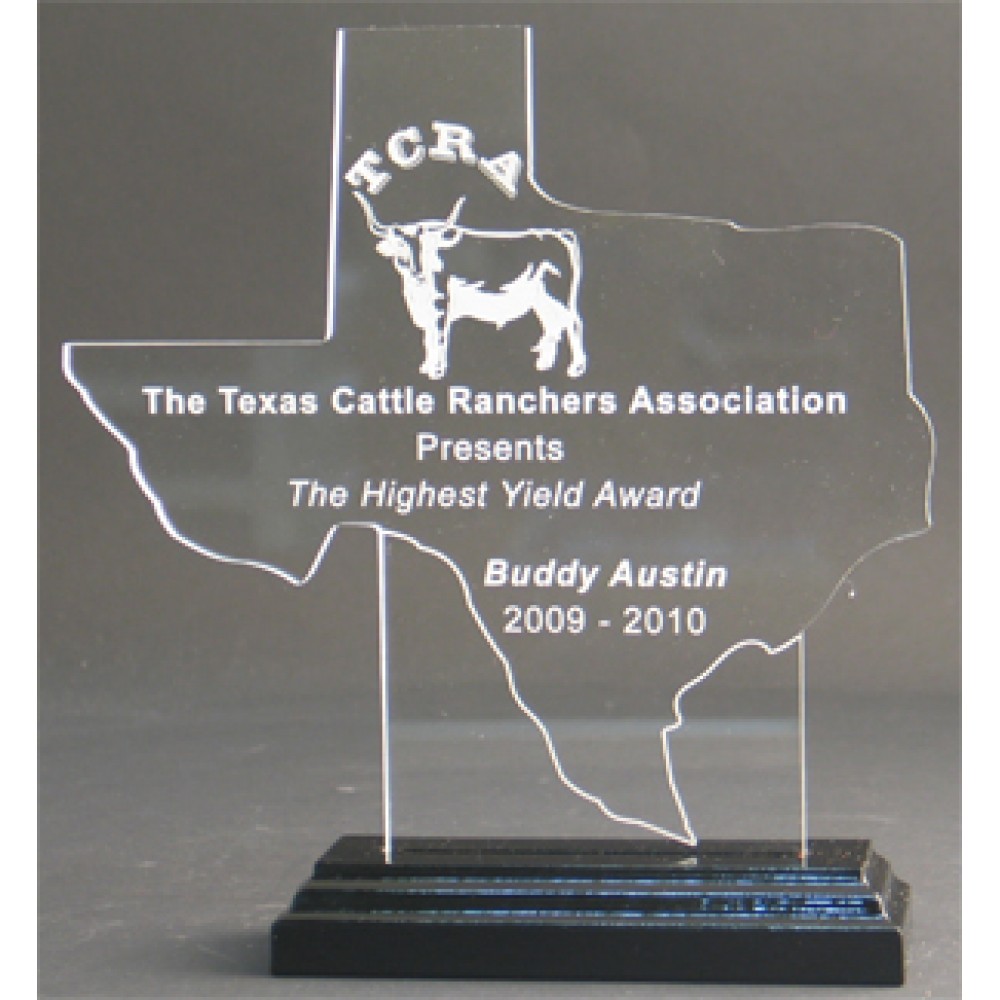 Great State of Texas Award w/ Black Base - Acrylic (8 1/2"x7") Laser-etched Great State of Texas Award w/ Black Base - Acrylic (8 1/2"x7") Laser-etched