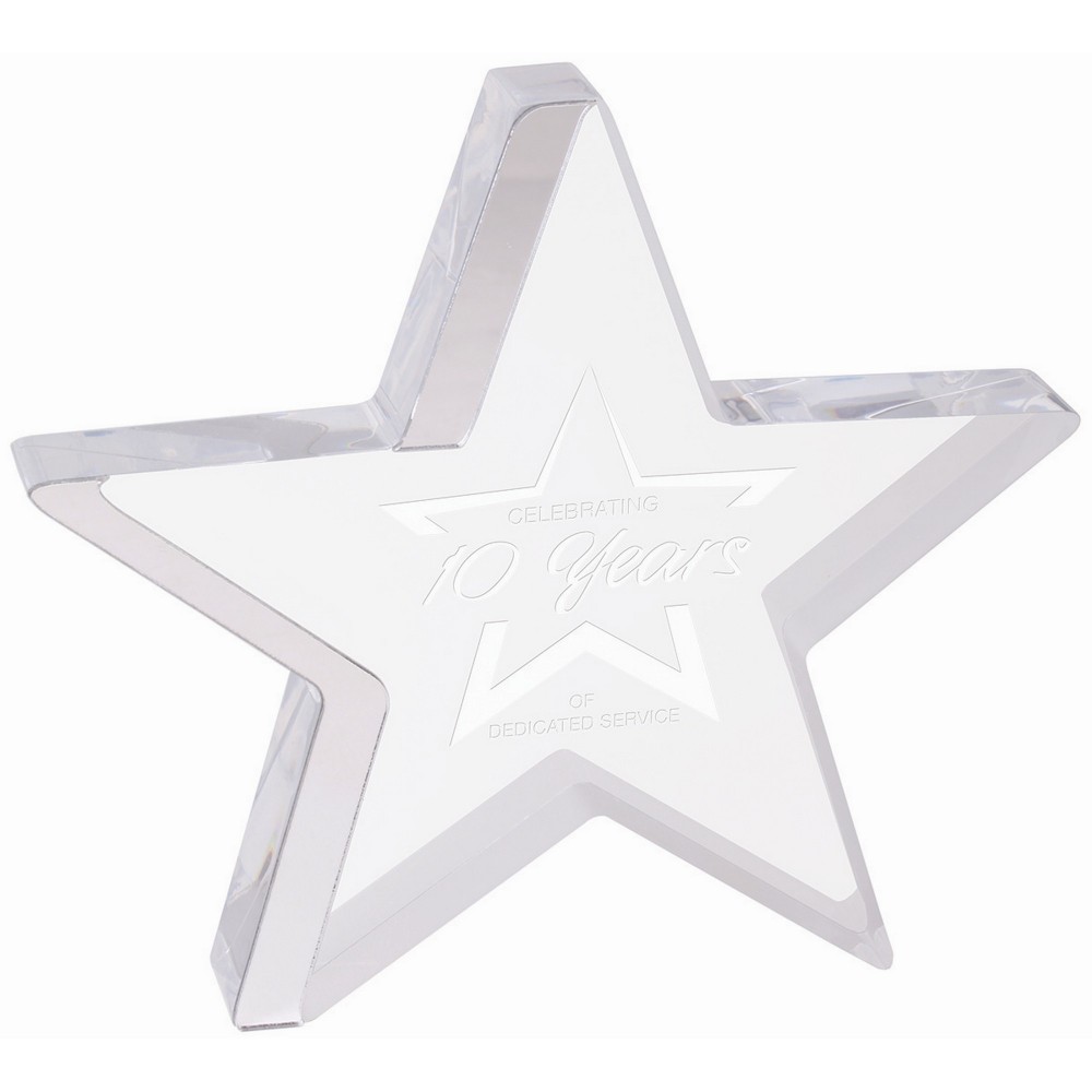 6 3/4" x 6" Star Acrylic with Silver Edge Custom Etched 6 3/4" x 6" Star Acrylic with Silver Edge Custom Etched