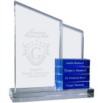 Custom Etched 8" x 9" Crystal Perpetual Standup Plaque with Blue Crystal Blocks