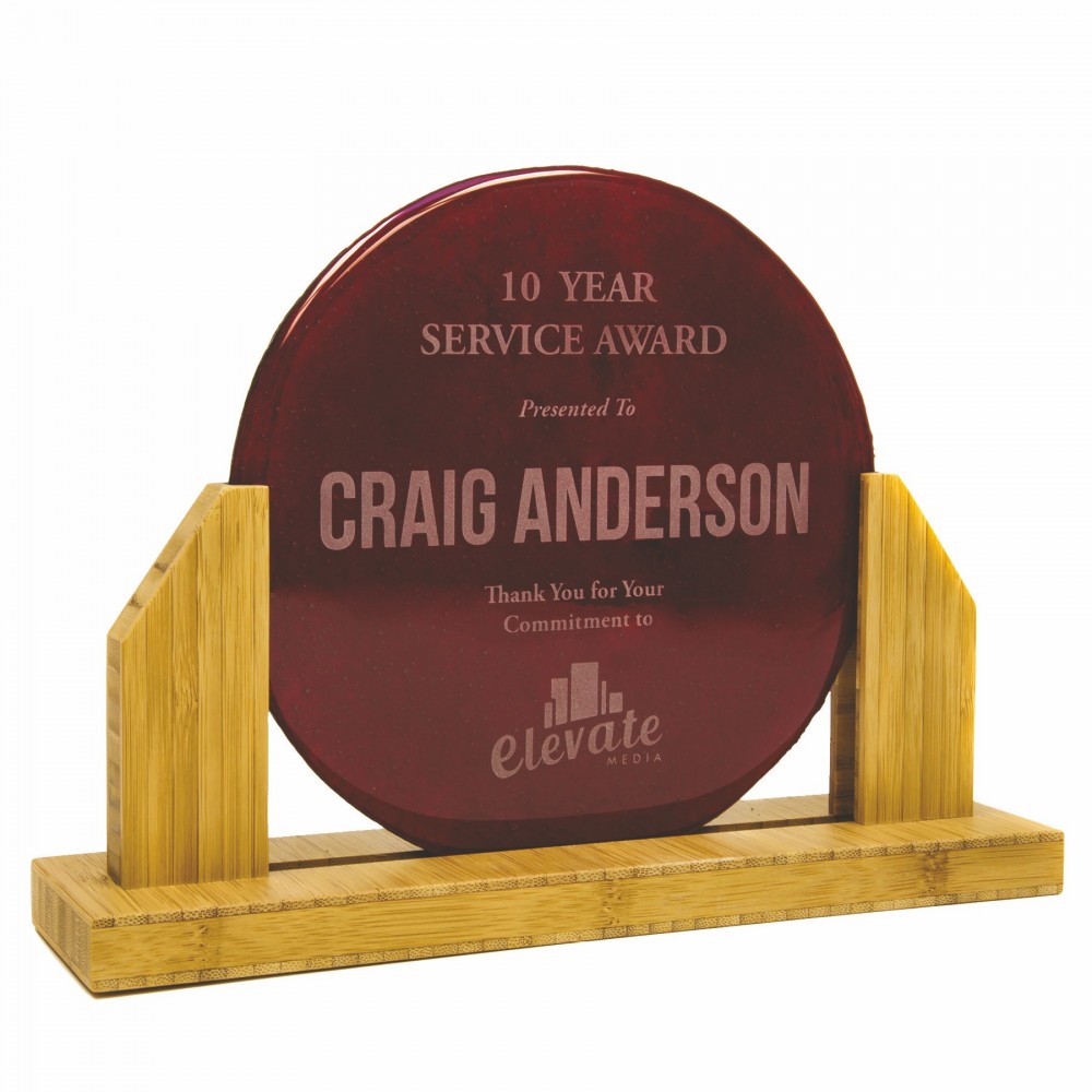 Laser-etched Bamboo Upright Recycled Glass Round Award (11"x8-1/2") Laser-etched Bamboo Upright Recycled Glass Round Award (11"x8-1/2")