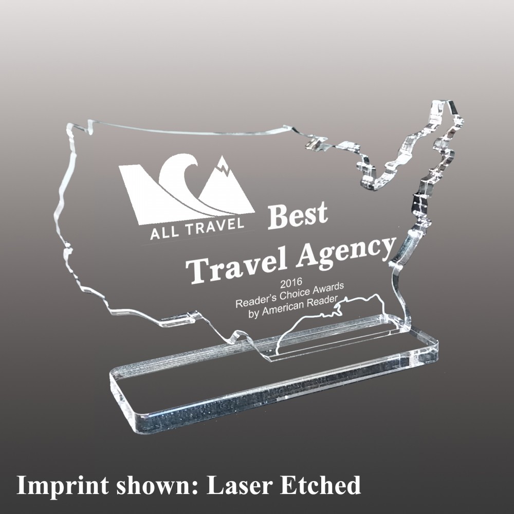 Small USA Shaped Etched Acrylic Award with Logo