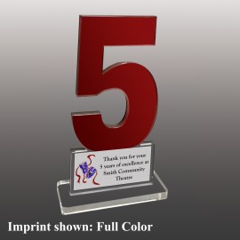 Small Number 5 Shaped Full Color Acrylic Award with Logo