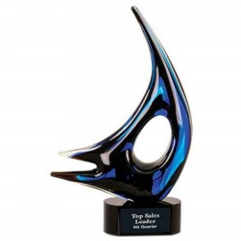 14.25" Blue Sail Art Glass Award with Logo  14.25" Blue Sail Art Glass Award with Logo