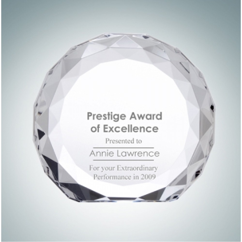 Gem Cut Circle Optical Crystal Award Plaque (Large) Laser-etched Gem Cut Circle Optical Crystal Award Plaque (Large) Laser-etched
