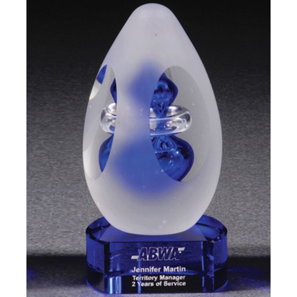 Custom Etched Omtimaxx Art Glass Blue Integrity Award w/Cobalt Blue Base